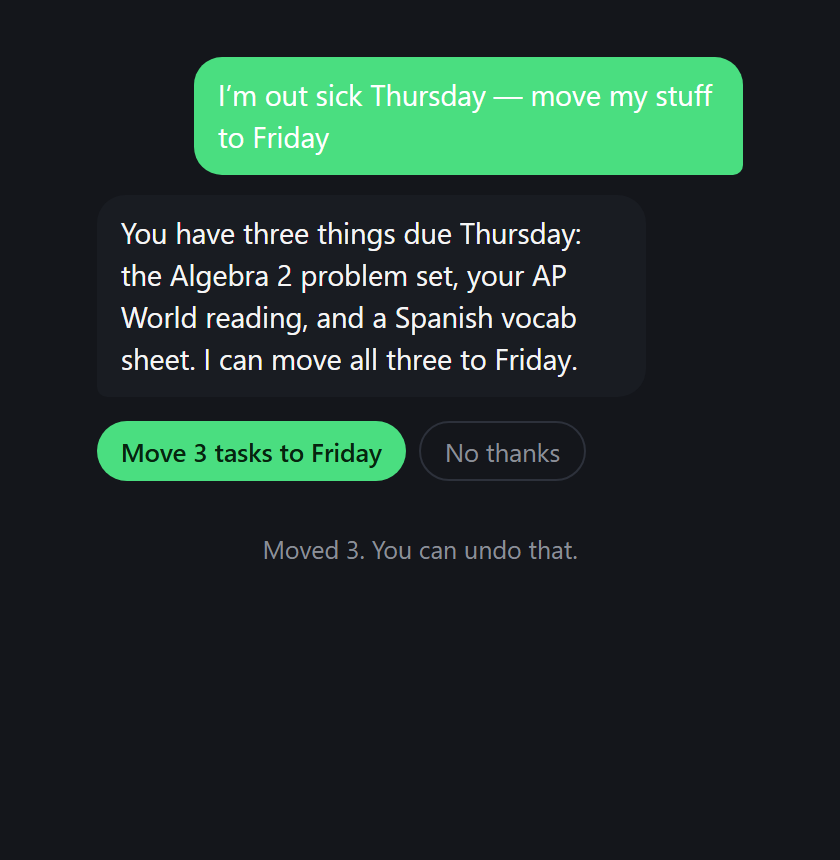 The assistant being asked to move a sick day, offering a button that says Move 3 tasks to Friday.