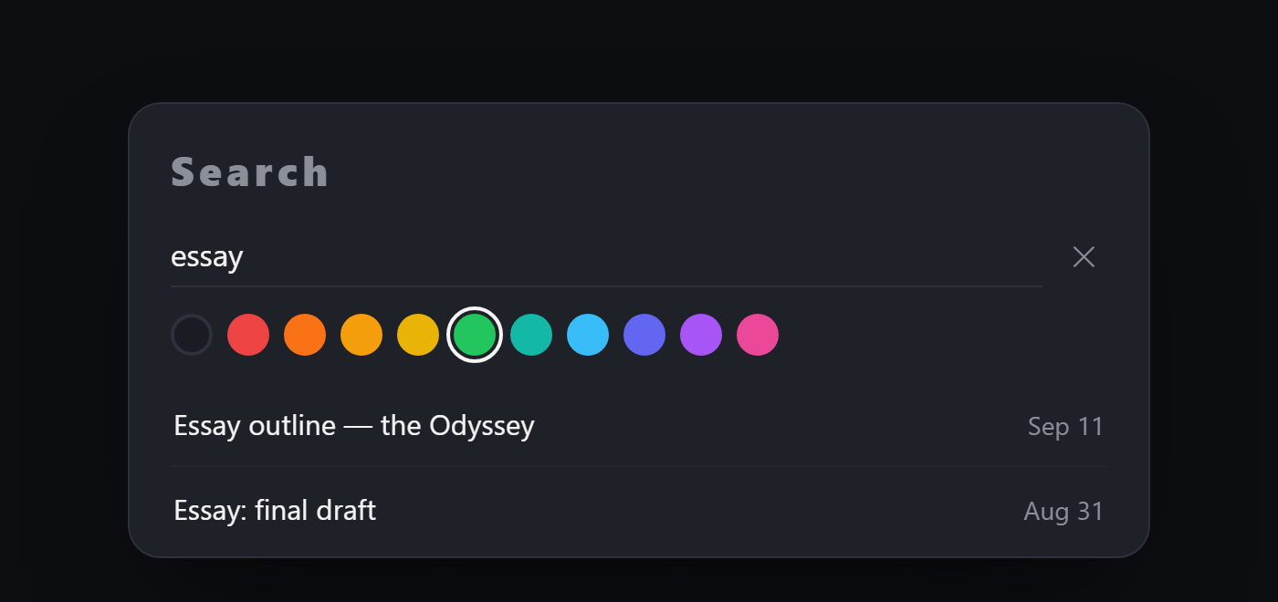 Search: the word essay typed in, the green colour selected, and three matching tasks going back weeks.