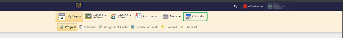 The portal's top navigation. Calendar is the last tab, outlined in green.