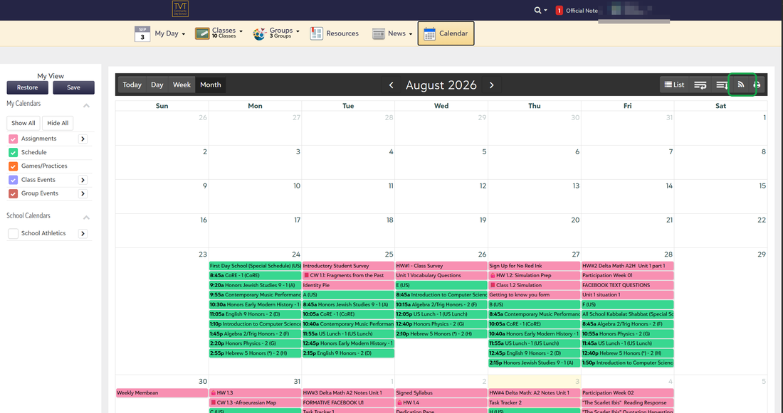 The calendar's month view. The feed icon is outlined in green at the top right, between the sort and print buttons.