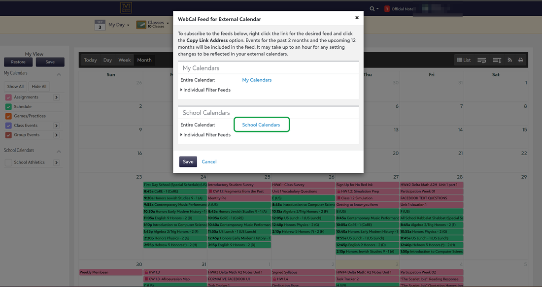 The WebCal Feed box, with the School Calendars link outlined in green.