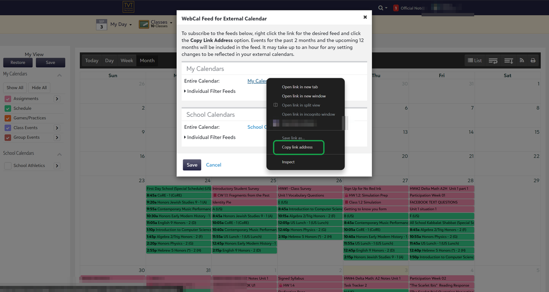 The right-click menu open over the link, with Copy link address outlined in green.