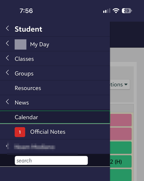 The phone menu. Calendar is outlined in green.