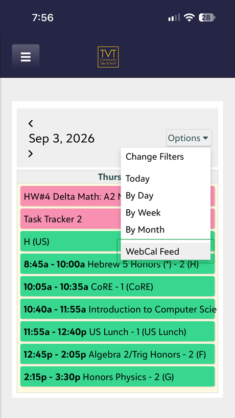 The Options menu open, with WebCal Feed outlined in green at the bottom.